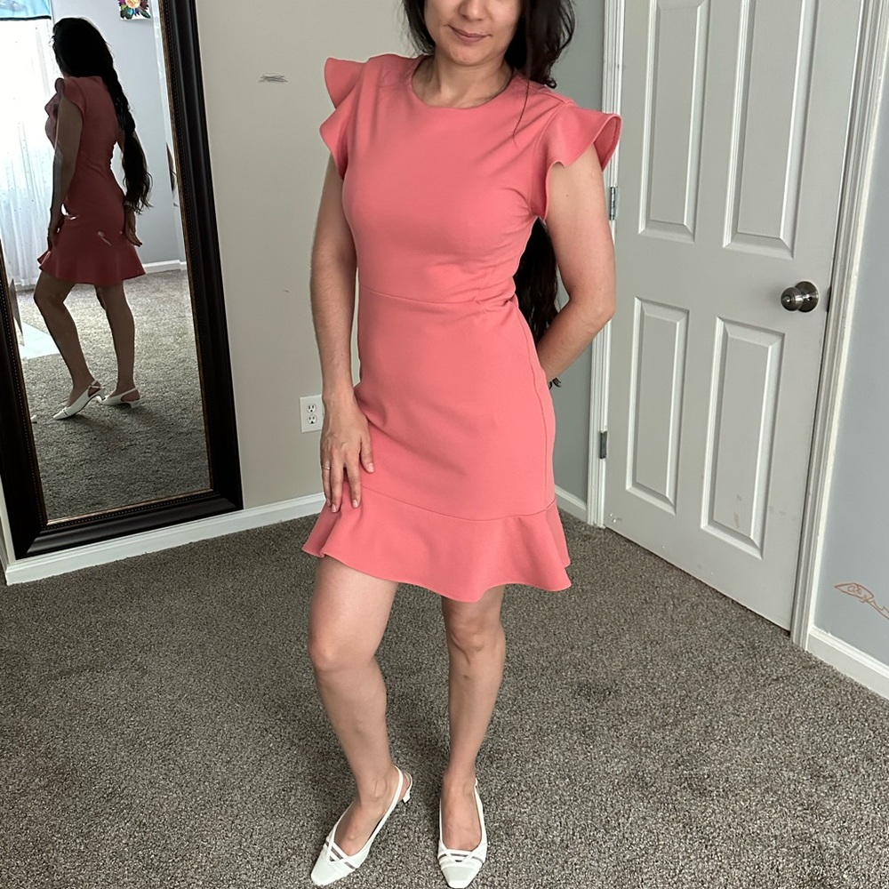 Pink Ruffled Cap Sleeve Sheath Dress
